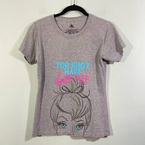 Disney Women's Grey Tinkerbell Top Bun Graphics Short Sleeve Tee Size M